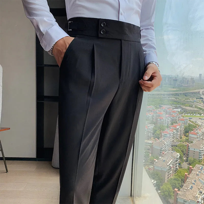 Straight leg casual trousers in solid colours on a size chart background.
