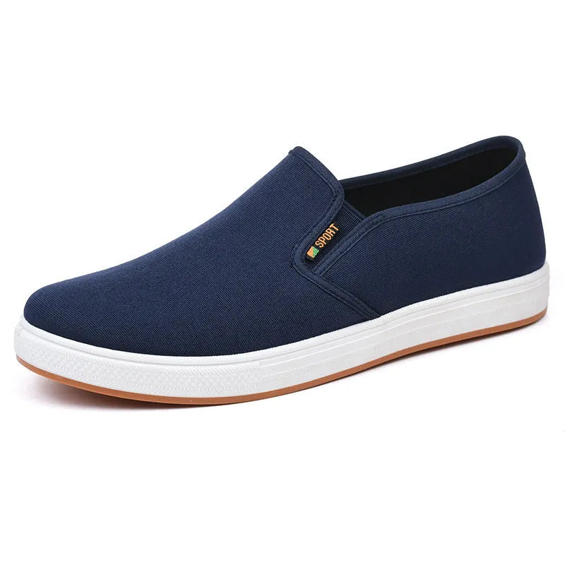 Men's black and blue canvas slip-on shoes with low-top design and round toe