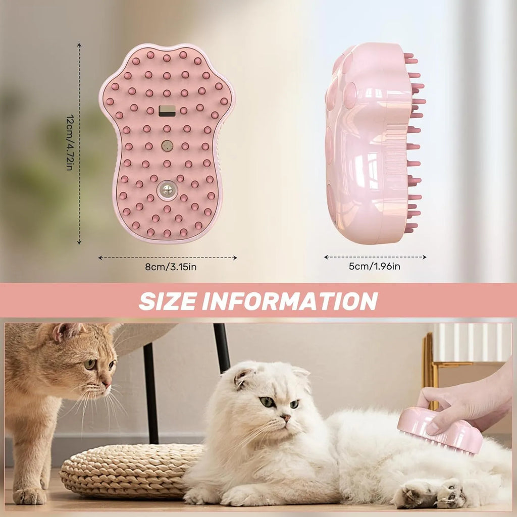 Self-cleaning cat steam brush with silicone brush head and release button for pet grooming