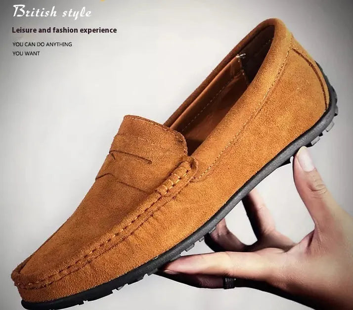 Men's suede Gommino loafers in plus sizes on a flat rubber sole, shown in a colour option.
