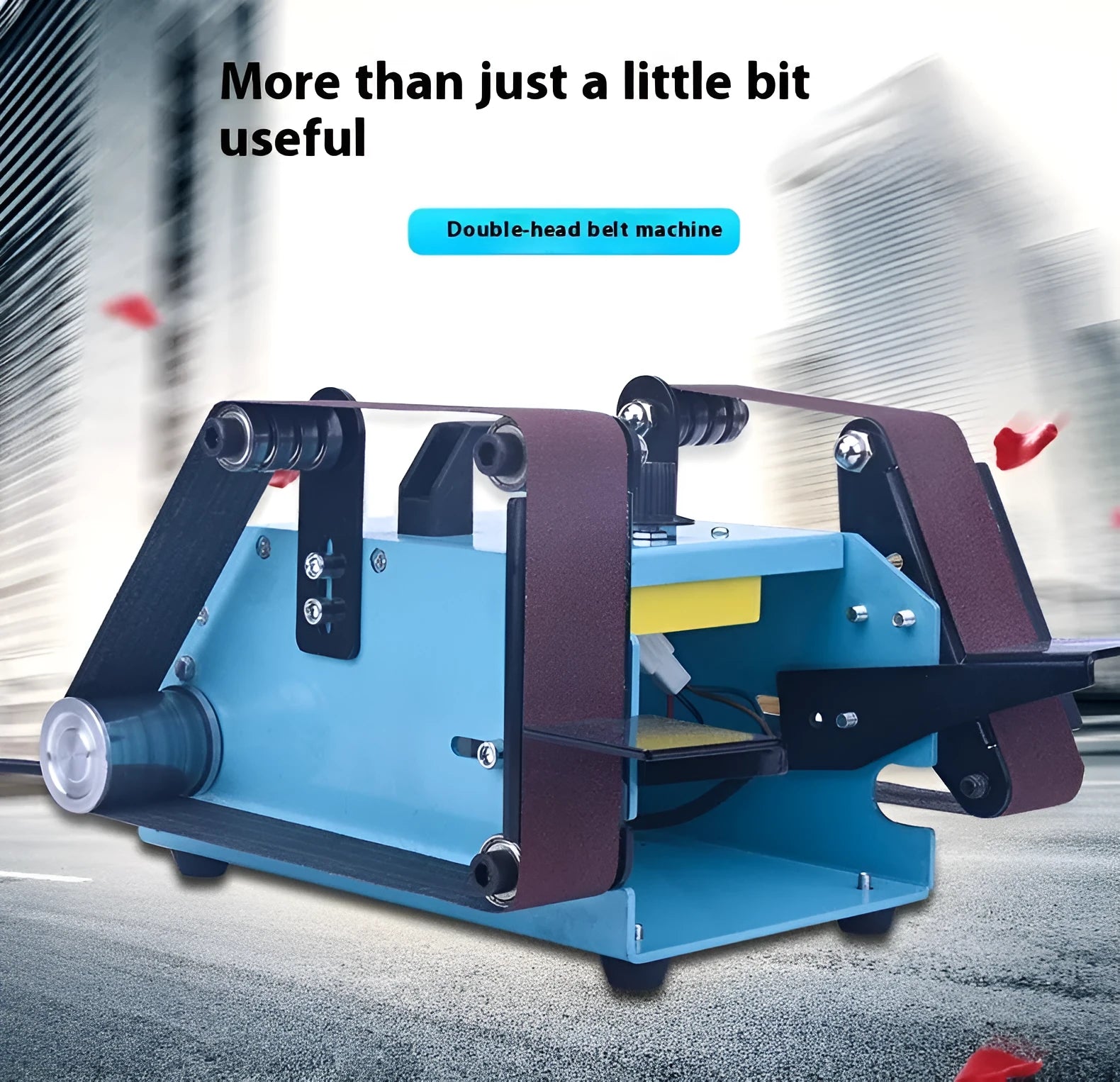 Blue desktop dual-axis belt sander with variable speed control for sharpening and sanding