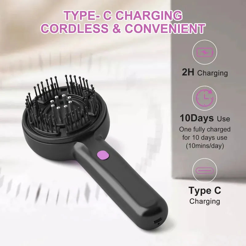 Anti-leak hair brush massage instrument in black with USB charging port and mechanical control buttons