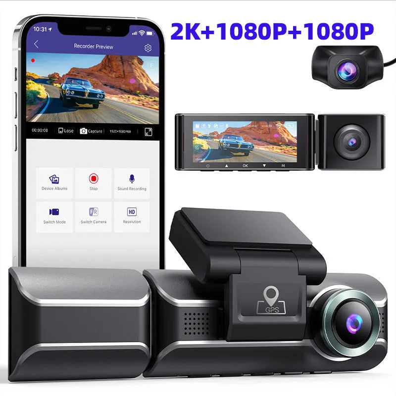 2K dash cam with front and rear lenses, 3.0 inch screen, night vision, WiFi and GPS for car driving recorder