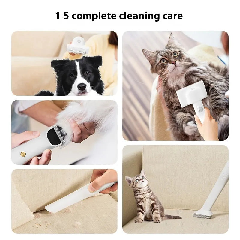 Pink and white pet hair vacuum cleaner with grooming attachments including an electric shear on a flat surface.