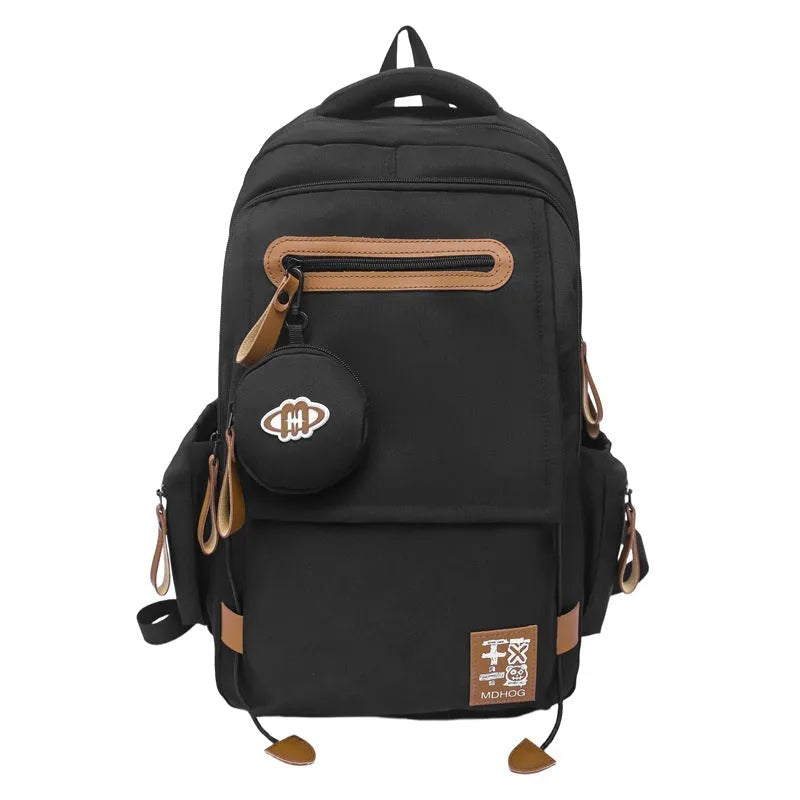 Japanese large capacity leisure travel backpack in khaki with contrast stitching and nylon waterproof finish