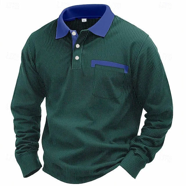 Man wearing a long-sleeved waffle knit polo shirt in a solid colour with an asymmetric design detail.