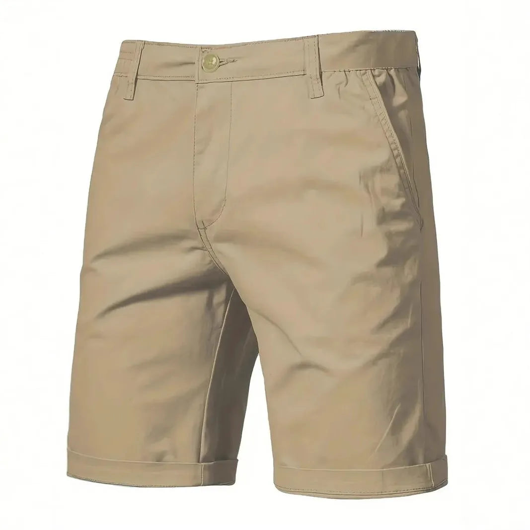 Straight-leg cotton camping shorts in khaki, with zip placket and mid waist, for teenage outdoor leisure