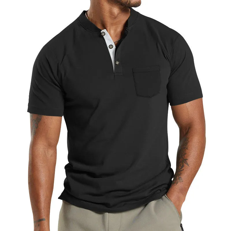 Plus size man wearing a light khaki short sleeve polyester shirt with a button chest pocket.