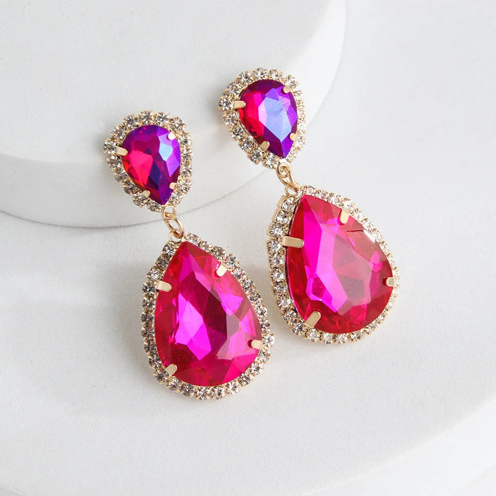 Multi-layer drop-shaped glass rhinestone metal alloy earrings for women in rose red, champagne, and blue