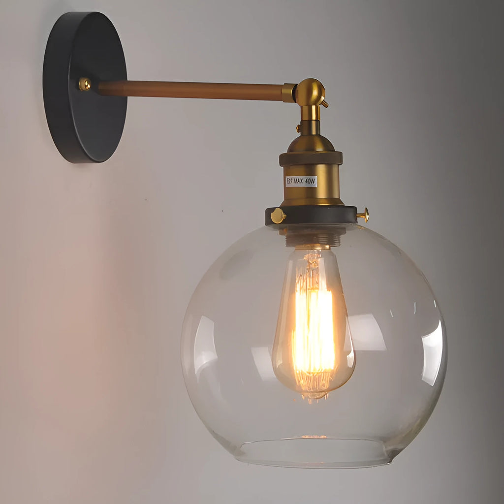 20cm round ball glass wall lamp with aluminium holder in amber, smoky grey or transparent