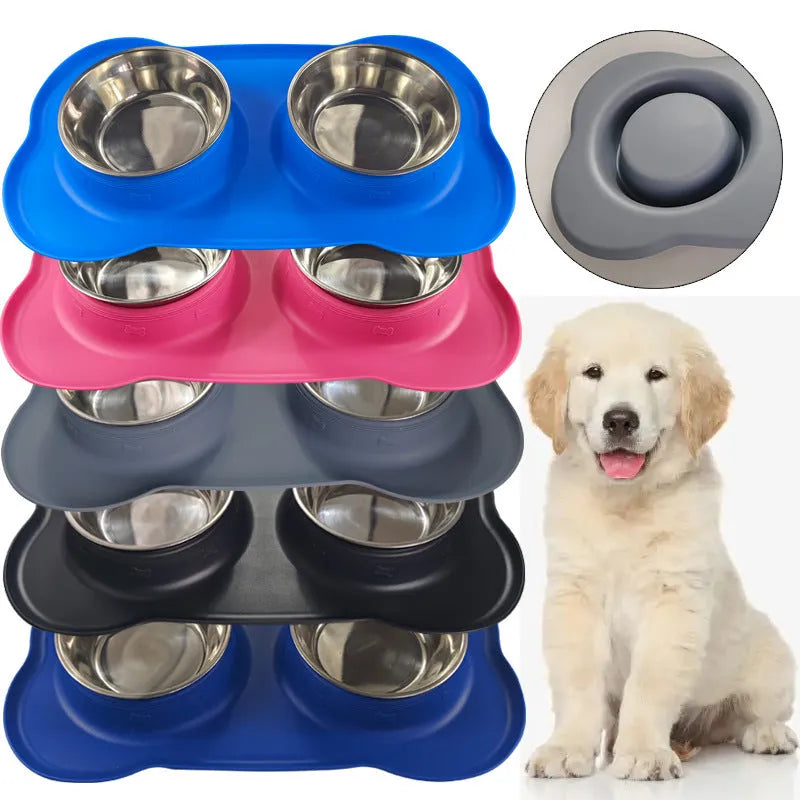 Large silicone dog bowl with stainless steel insert in double bowl configuration for pet feeding