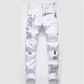 White shredded embroidery jeans for women cotton denim straight leg ankle length high waist distressed pants