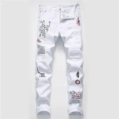 White shredded embroidery jeans for women cotton denim straight leg ankle length high waist distressed pants
