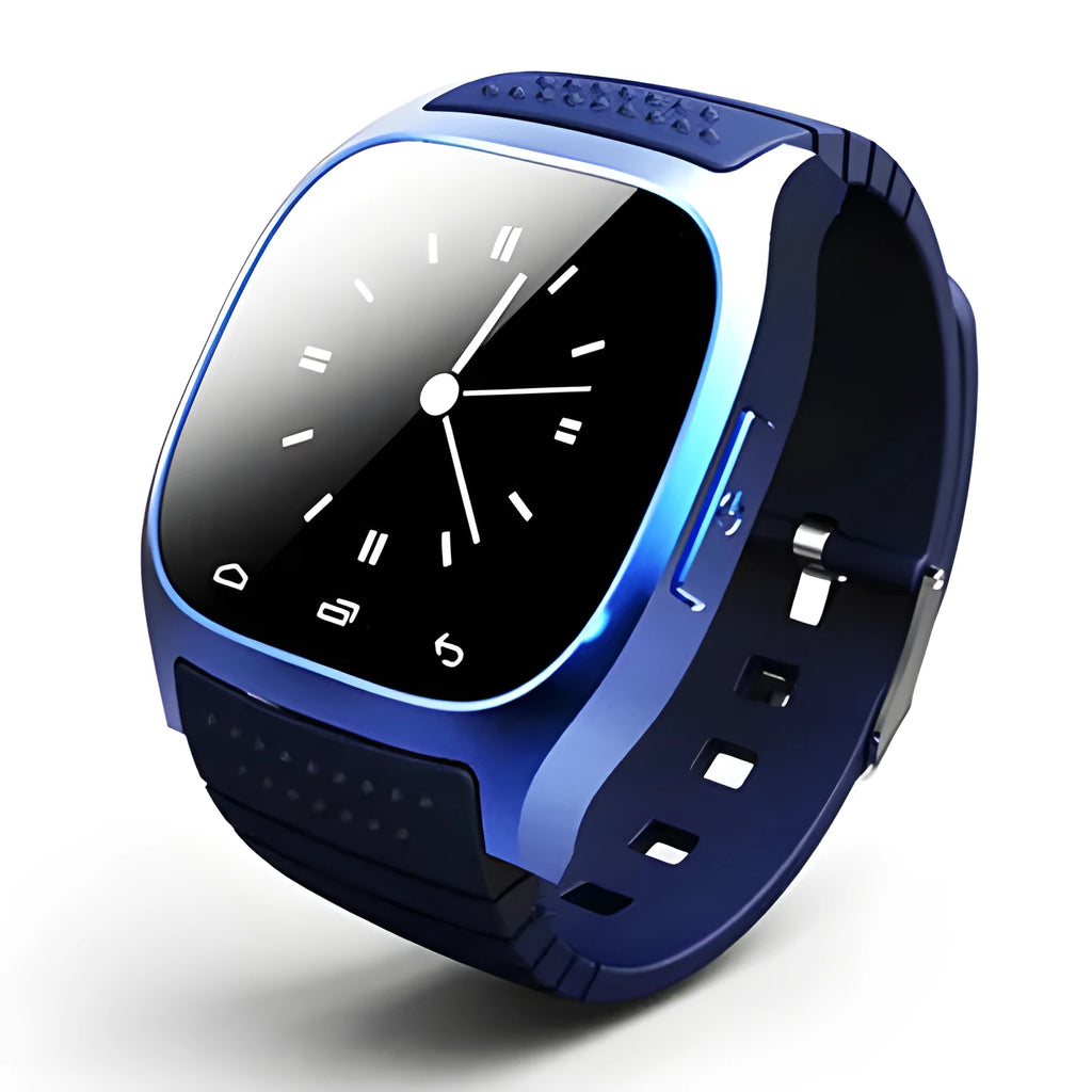 Smart Bluetooth sports watch in black, white, and blue colours showing cross-platform compatibility