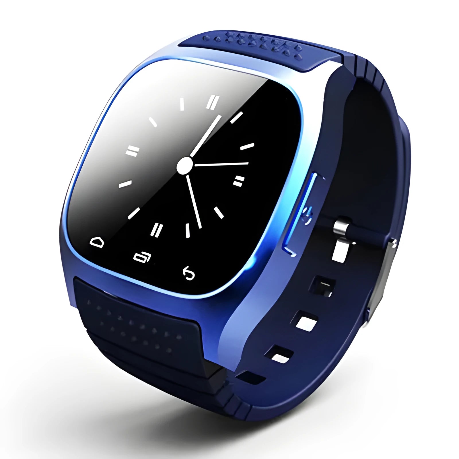 Smart Bluetooth sports watch in black, white, and blue colours showing cross-platform compatibility