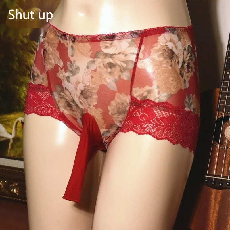 Men's mesh underwear in mid-waist brief style with printed design and breathable ice silk fabric