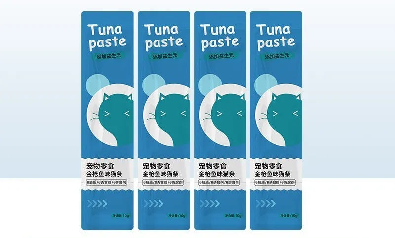 Pack of 10 soft moist cat treat strips in four flavour varieties.