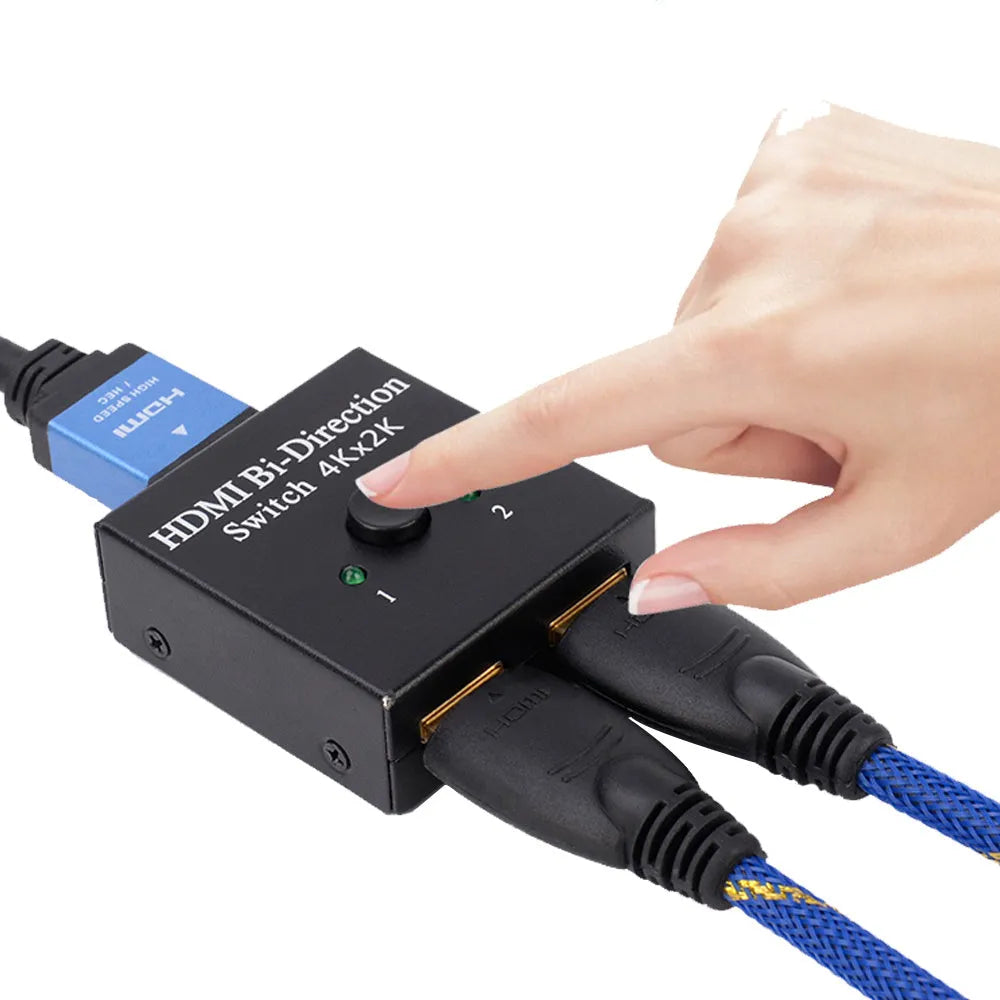 HDMI switcher 2 in 1 out black compact plug and play with one-click switching button