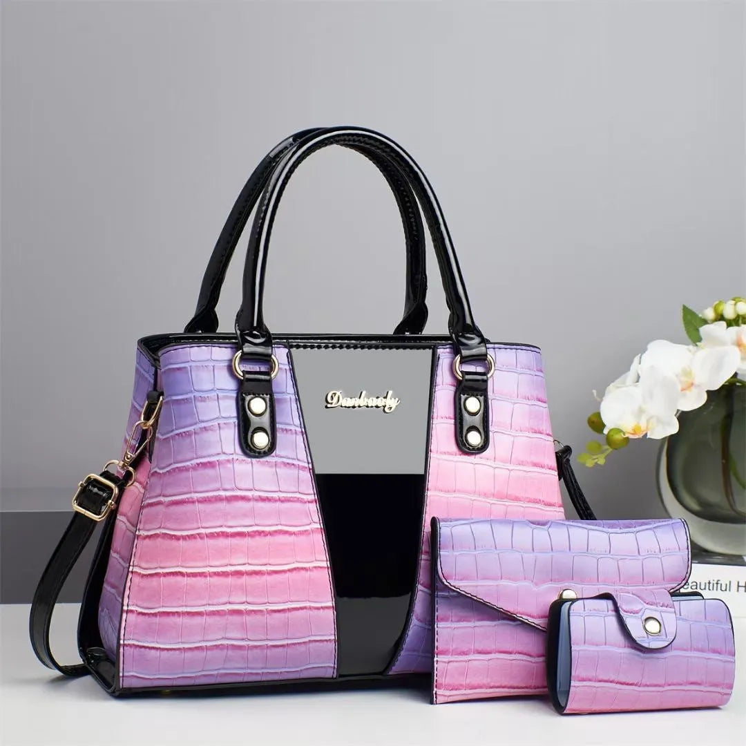 Women's crocodile stitch texture three-piece shoulder bag set in six colour options showing main bag and two smaller organisers