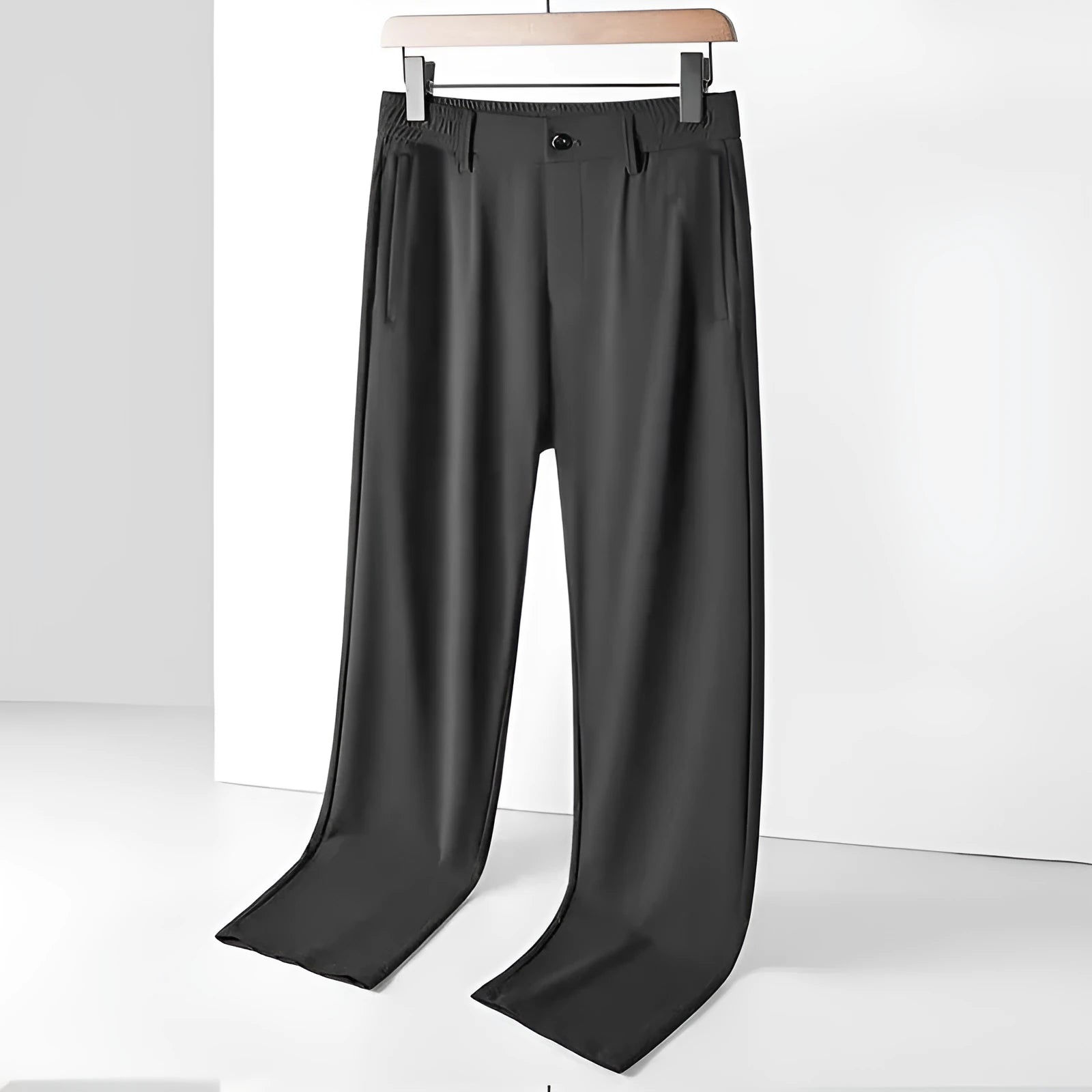 Men's loose straight leg Ice Silk trousers with elastic waistband in black colour