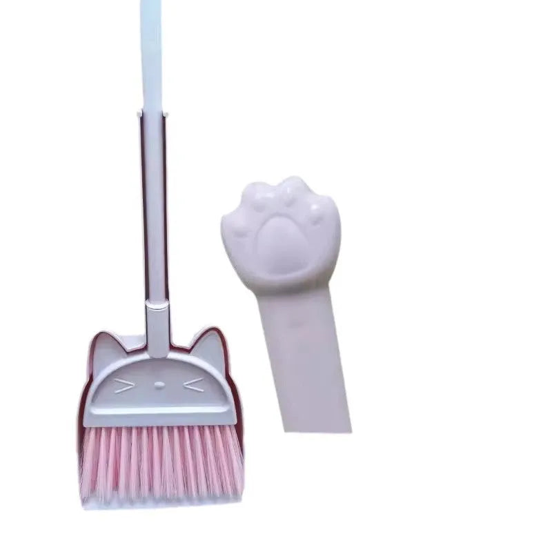 Purple, green, and beige plastic broom and dustpan set with rotating brush and storage holder