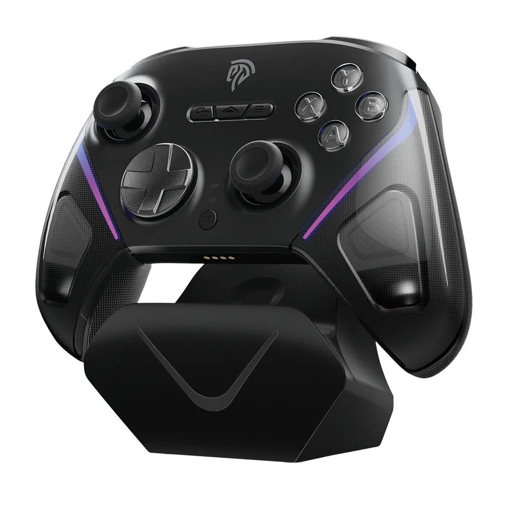 Rocker video game controller with charging dock in black, green, or purple, showing double-cut triggers and Type-C port.
