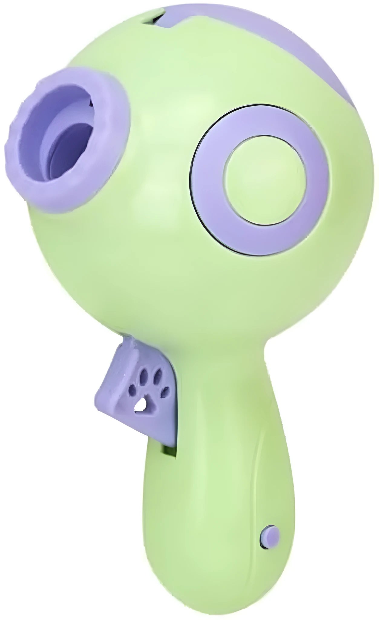 Green, orange, and pink dog treat launcher toy shown next to a measuring tape indicating 15.5 cm length.