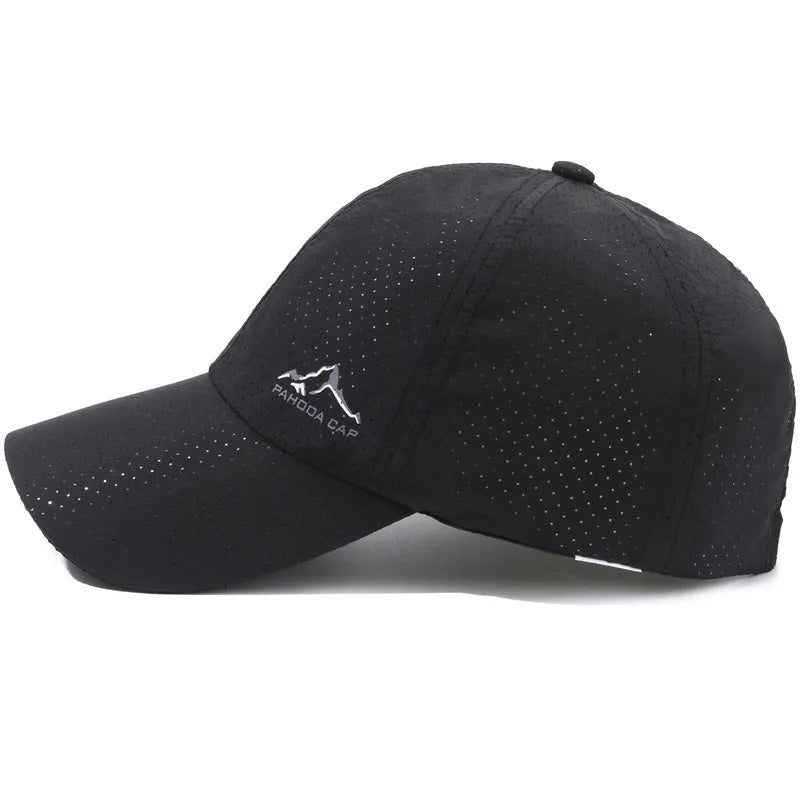 Adjustable polyester baseball cap in Army Green colour with breathable hollow design on a white background.