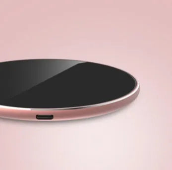 Ultra-thin aluminium wireless charger in gold, red, rose gold, and silver colour options