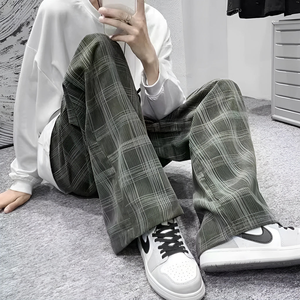 Men's black plaid loose fit straight leg casual trousers with Japanese-inspired design