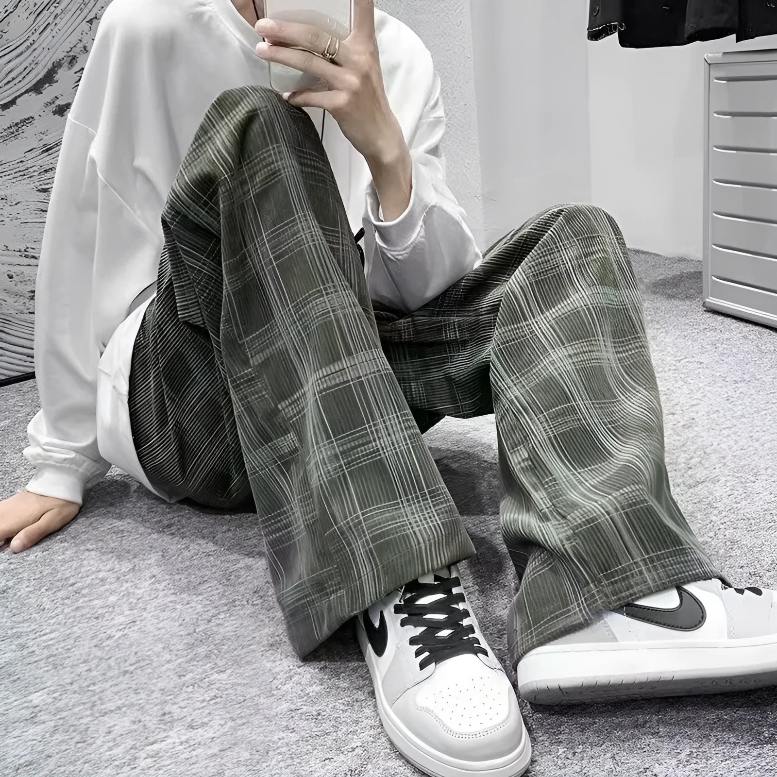 Men's black plaid loose fit straight leg casual trousers with Japanese-inspired design
