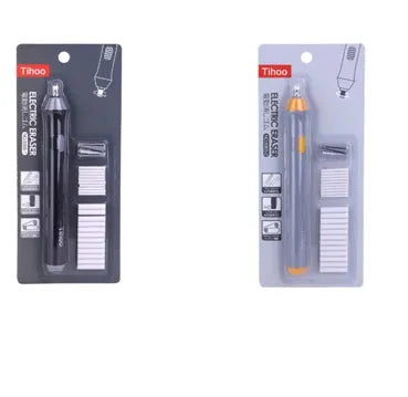 Black and gray electric eraser with plastic body, 166x15 mm, on a white background