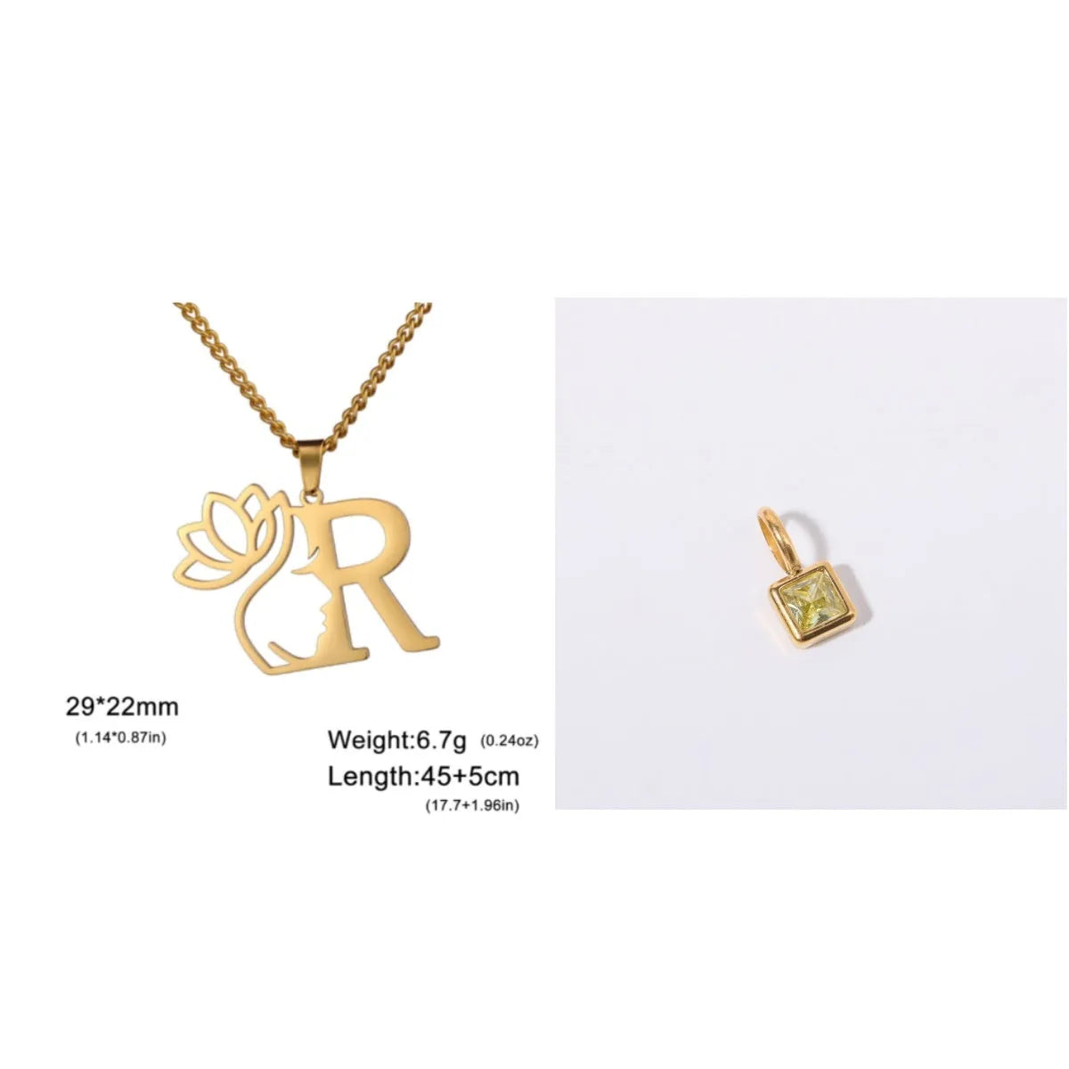 Stainless steel necklace with letter pendant on cross chain in gold or silver electroplated finish