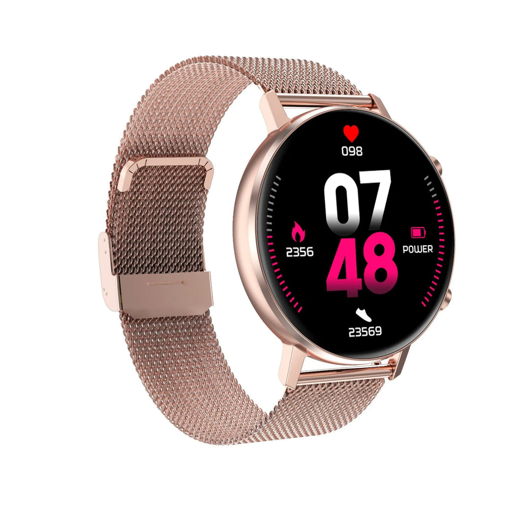 DT96 smart fitness tracker with stainless steel strap on a wrist, showing its colour display.