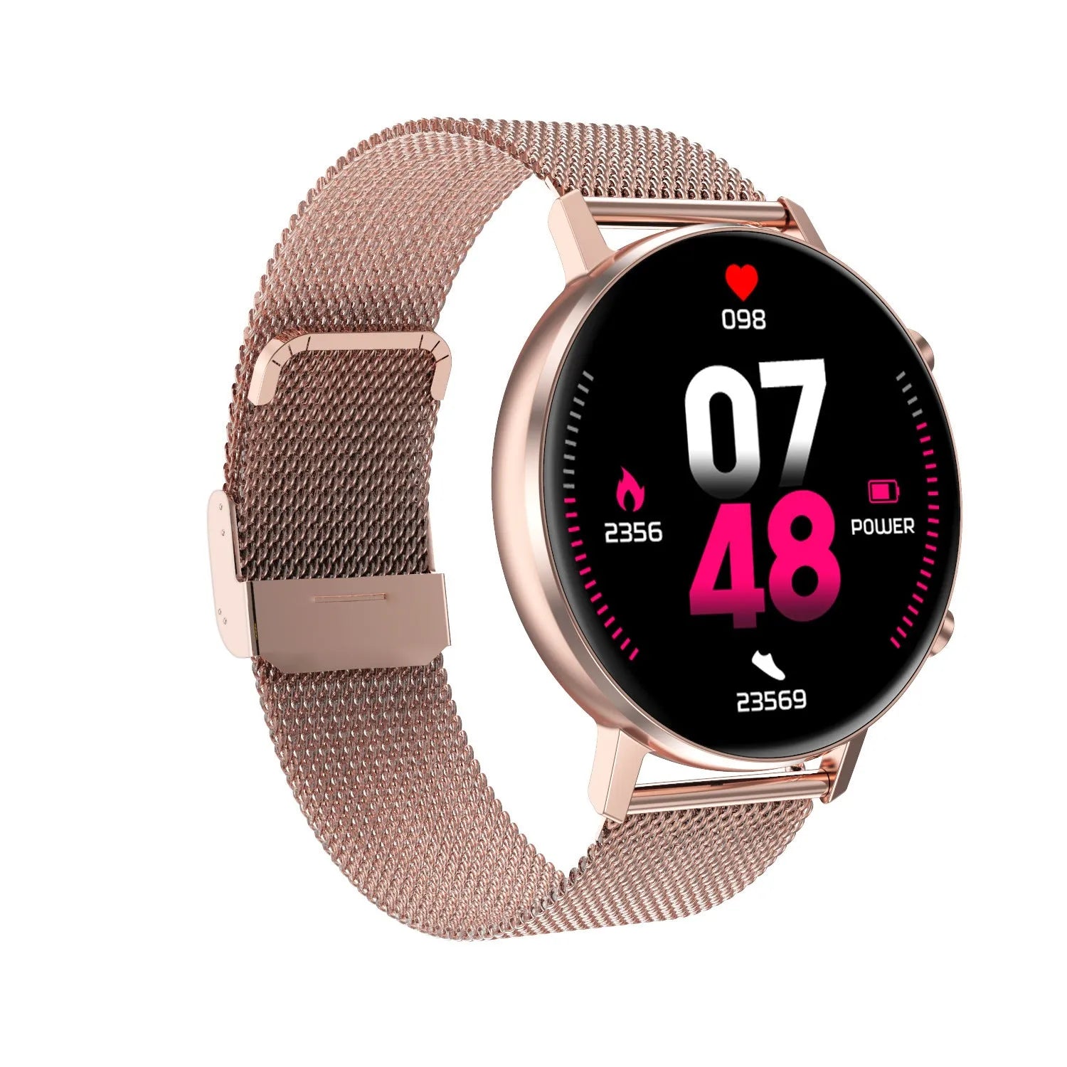 DT96 smart fitness tracker with stainless steel strap on a wrist, showing its colour display.