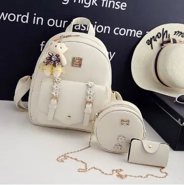 Three-piece women's bag set with floral backpack, shoulder bag and card holder