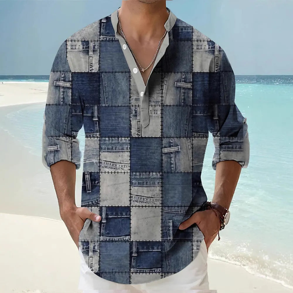 Thin striped long sleeve Hawaiian-style shirt in a digital bamboo linen pattern.