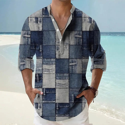 Thin striped long sleeve Hawaiian-style shirt in a digital bamboo linen pattern.