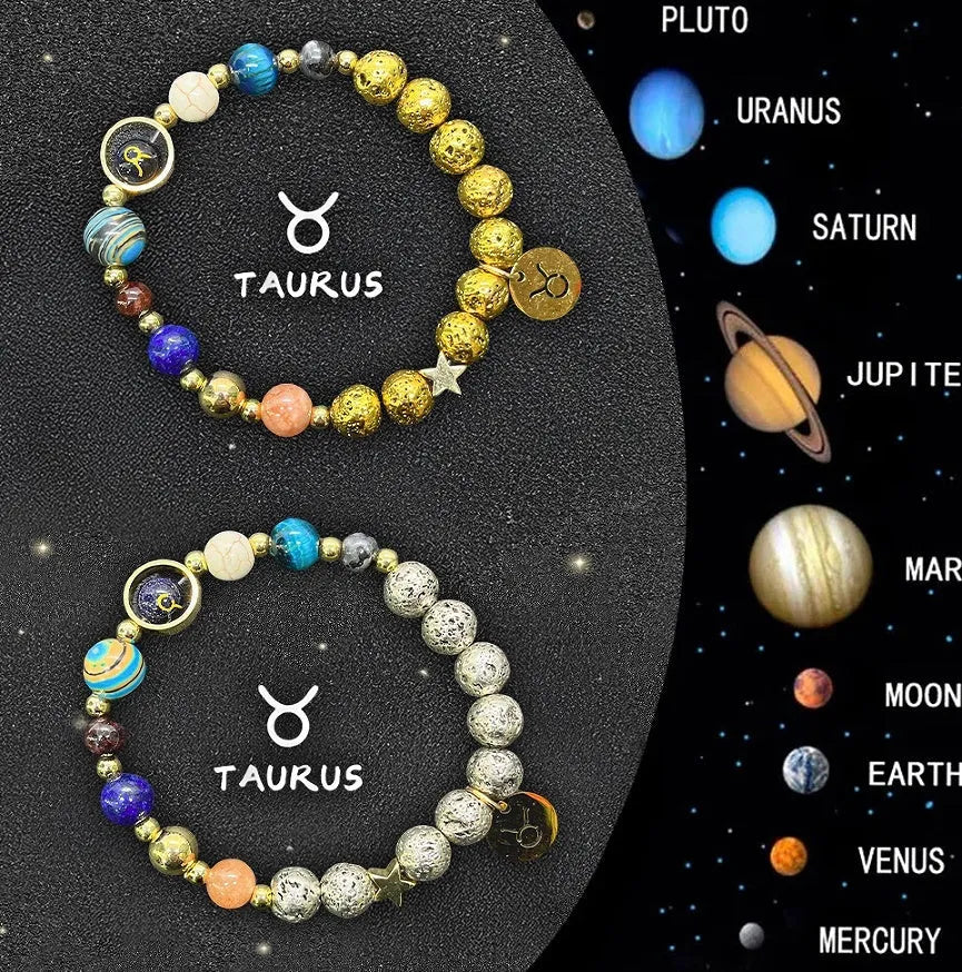 Set of two natural stone beaded bracelets with Zodiac sign charms on a dark background.