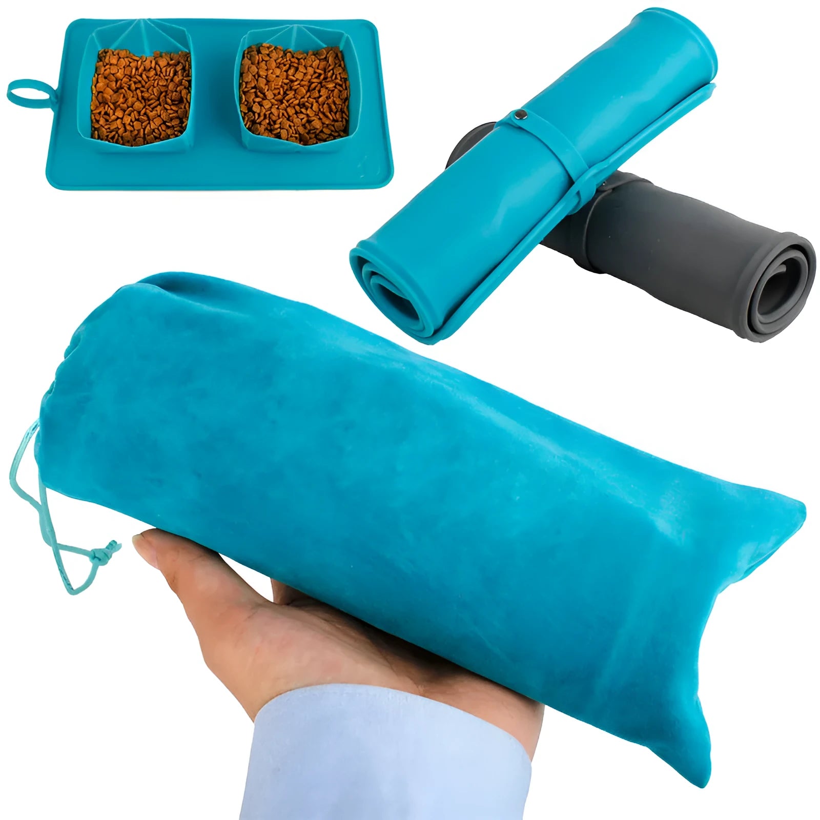 Collapsible silicone pet bowl in blue grey with velvet carry bag on a light background