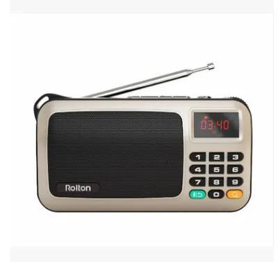 Rolton W405 portable FM radio and MP3 speaker in blue, showing LED screen and compact size