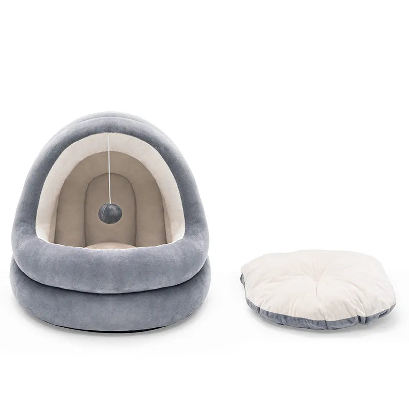 Cat house bed in crystal velvet with removable mattress, small size 42x40x38cm, Beige grey colour
