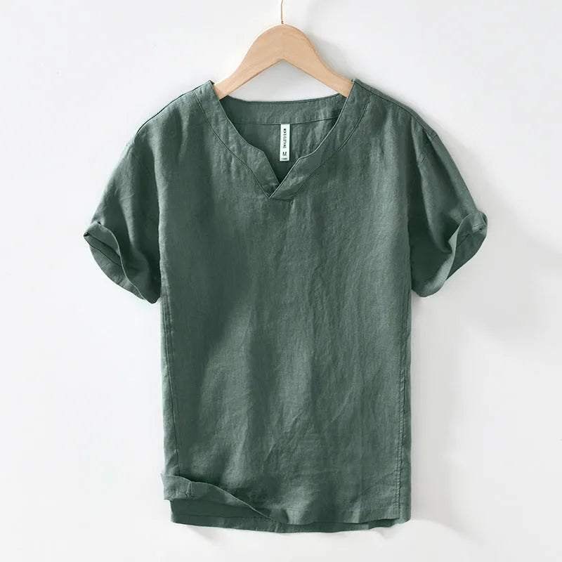 Linen short sleeve pullover T-shirt top in brown, green, dark gray, khaki, and white colours
