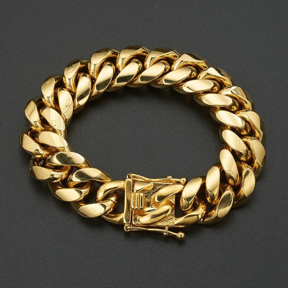 Gold stainless steel Miami Cuban link chain 12mm width on a white background