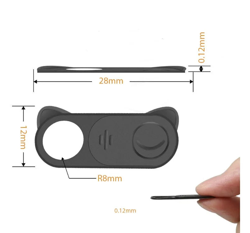 Black plastic sliding webcam privacy cover 18 x 9 mm placed over laptop camera lens