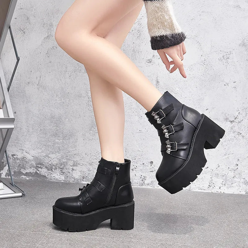Black women's punk gothic Martin boots with side zipper and thick heel