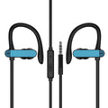 Black and blue sports earphones with flexible ear hooks and silicone gel earbuds for running and gym.