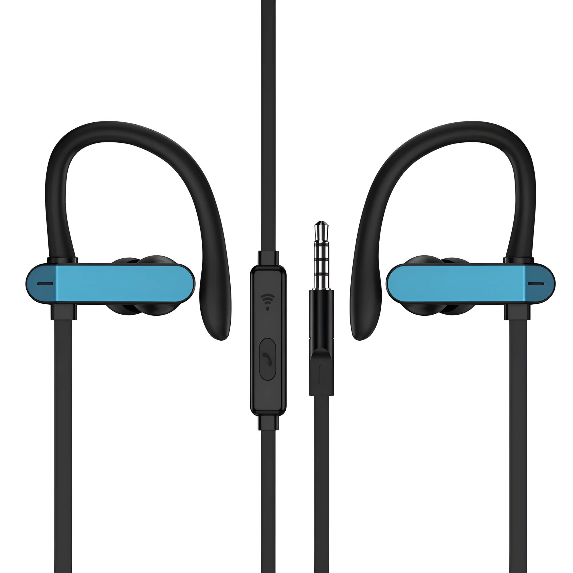Black and blue sports earphones with flexible ear hooks and silicone gel earbuds for running and gym.