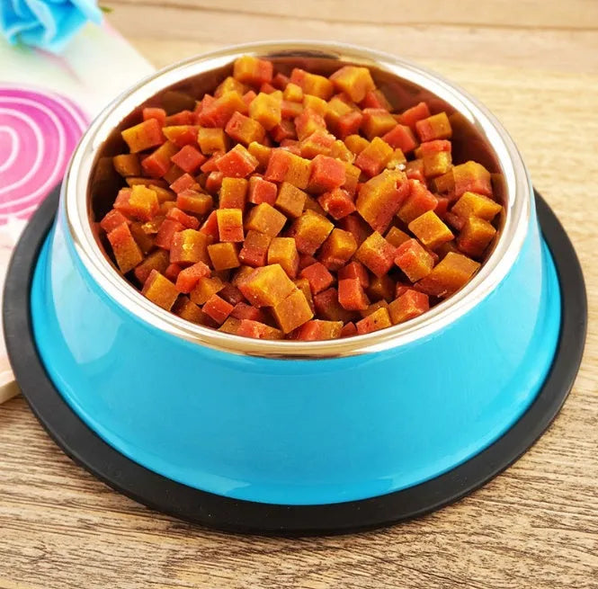 Stainless steel pet bowl with colourful melamine outer pot showing non-slip rubber base