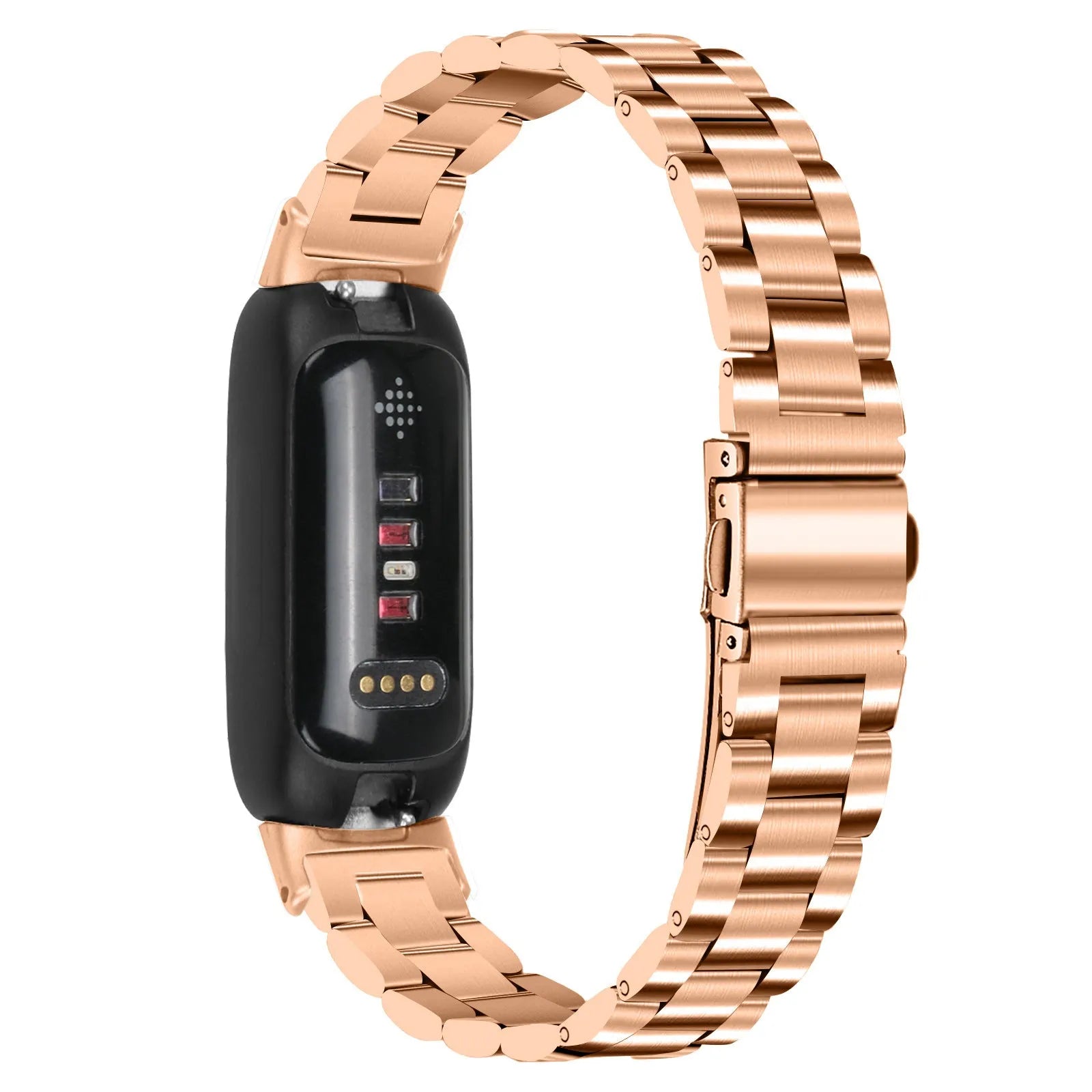 Stainless steel watch strap for Fitbit Inspire 3 tracker in multiple colour options on a grey background.